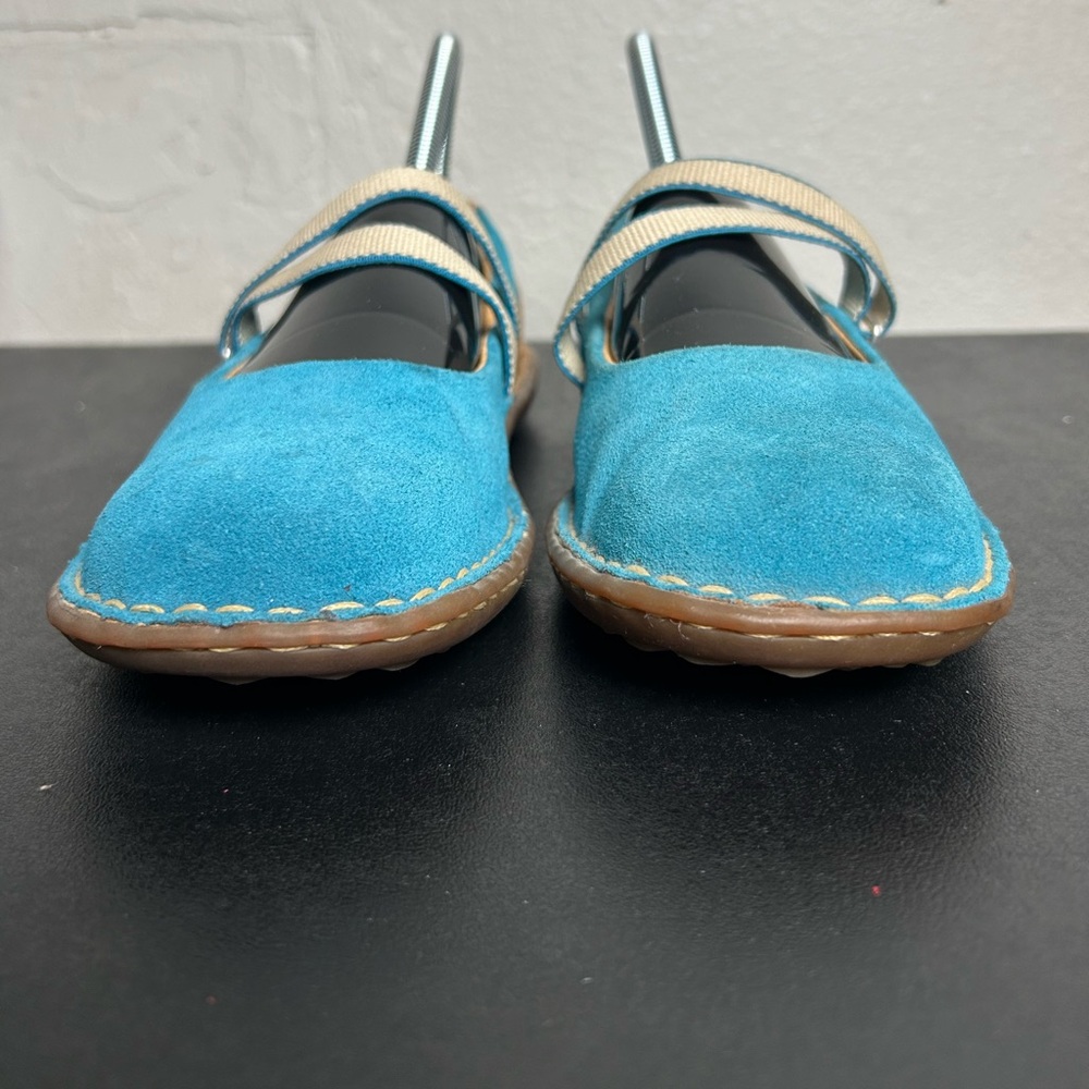 Born Teal Suede Mary Jane Flats with Tan Leather Accents - Picture 4 of 9